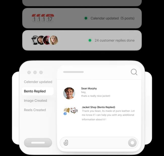 Bento dashboard filling the calendar and replying to customer comments