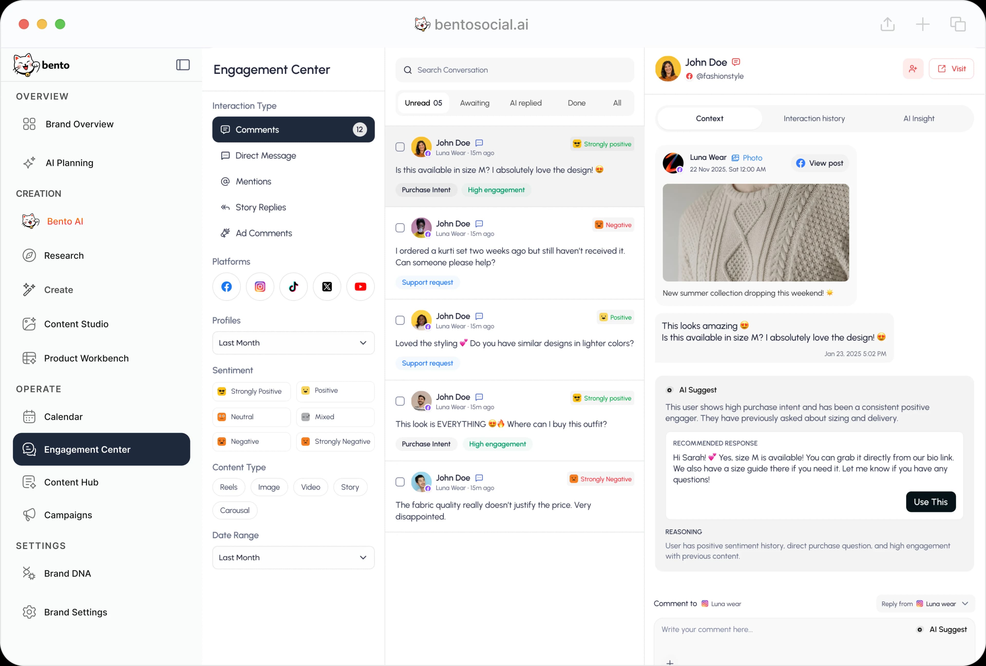 Bento drafting comment and DM replies in the brand voice